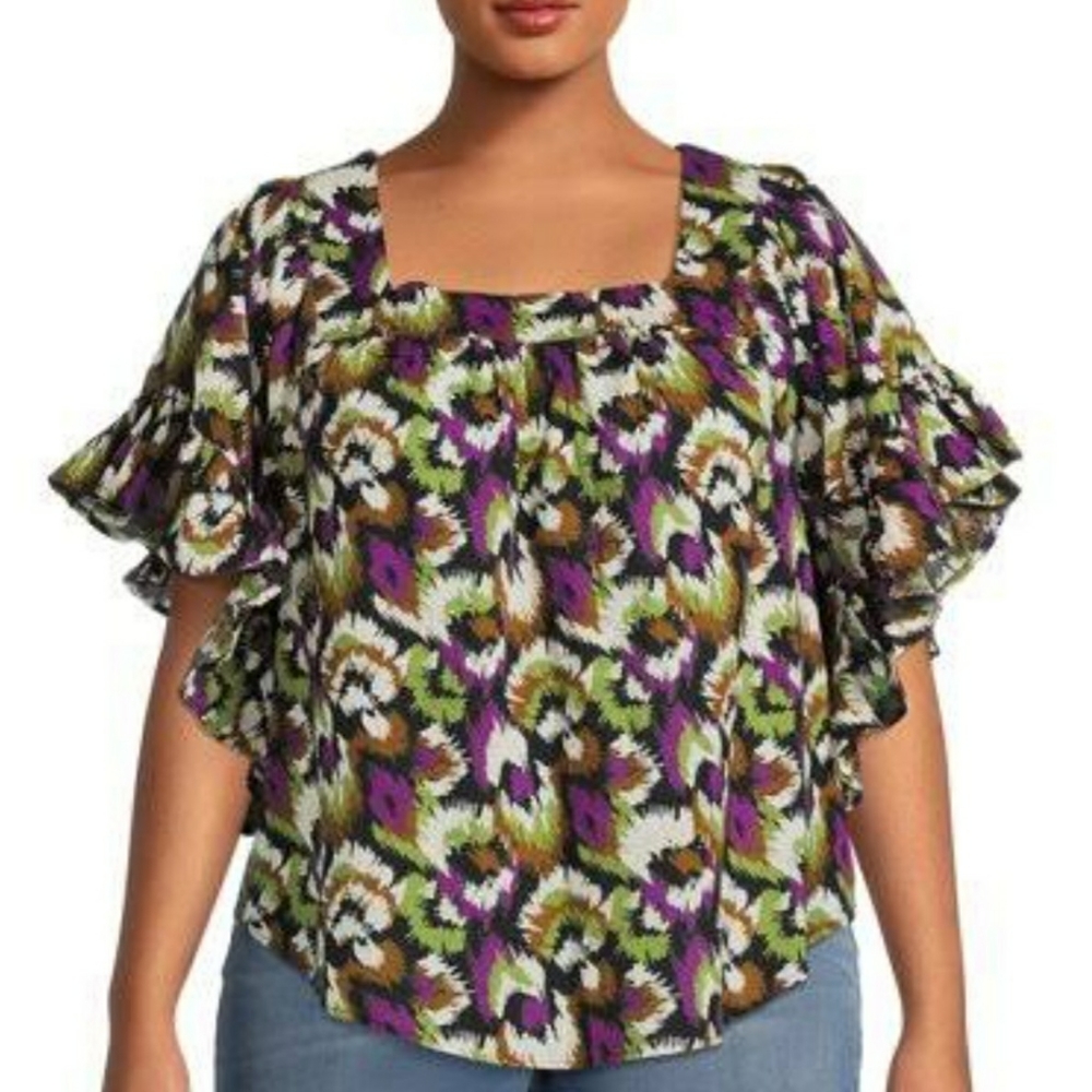 Terra & Sky Peasant Top 4X 28W 30W Ruffle Short Sleeve Square Black Purple NWT
